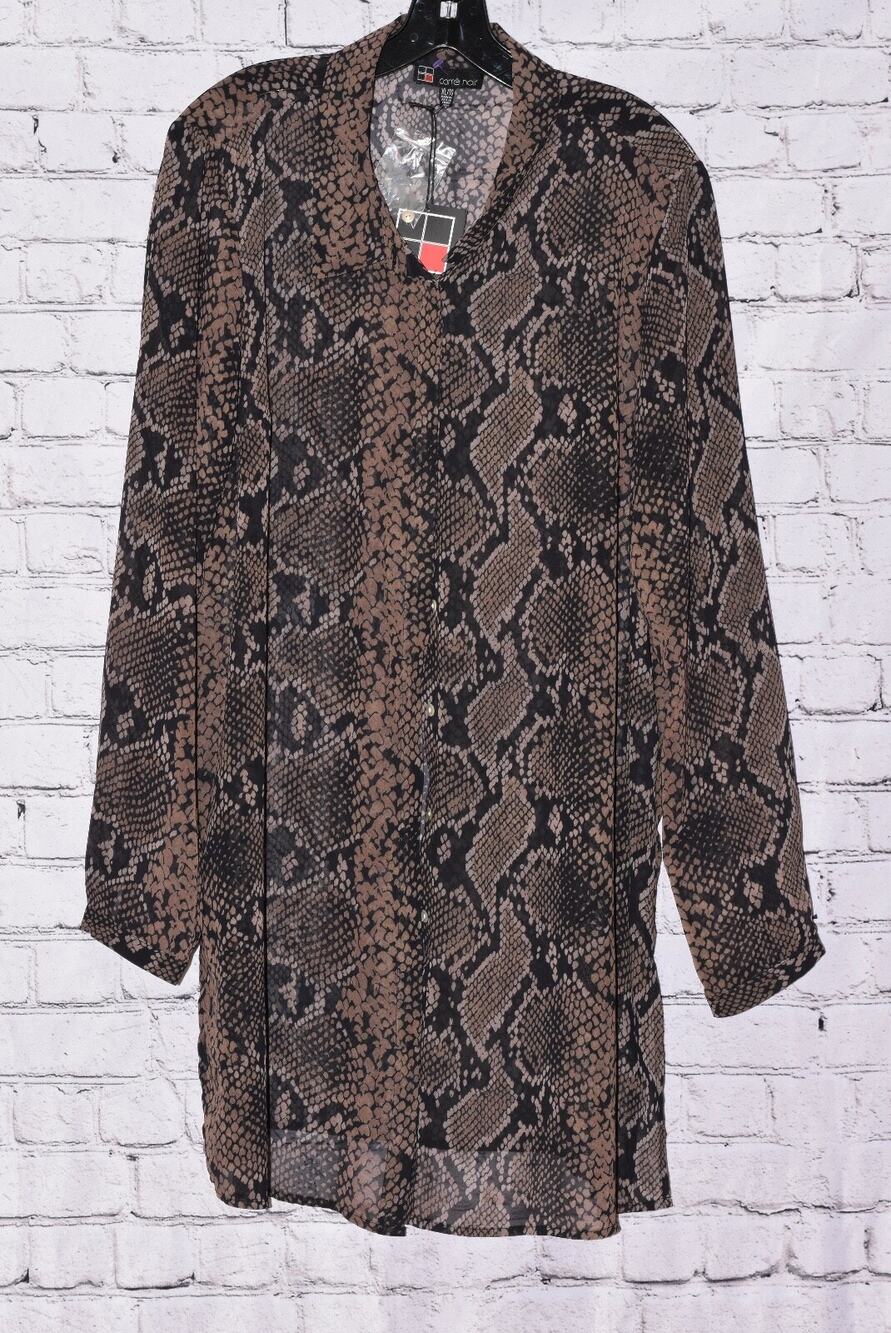 CARRE NOIR  Sheer Snake Print Button Down Chiffon Tunic Collar Blouse Size XL